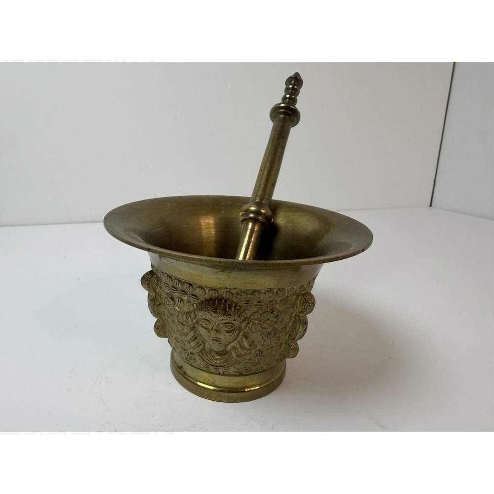 Solid Brass Design Face Mortar & Pestle Pharmacy Apothecary Vintage 3" Tall